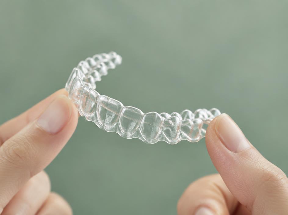 A clear dental aligner held between fingertips
